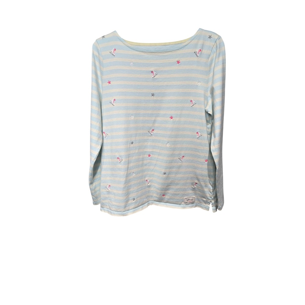 Talbots Top Women LP Blue White Striped Ice Skate Embroidered Cotton Boatneck
